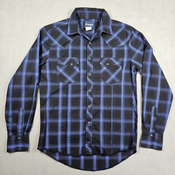 Wrangler Pearl Snap Shirt Mens Medium Button Down Black Plaid Cowboy Western - Picture 2 of 11